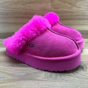 UGG Disquette Platform Slippers Womens 6 Pink Suede Shearling fur Lined